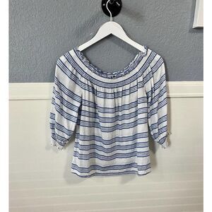 INC White/Blue Stripe Ruffle Boat Neck Blouse Women's Size XS